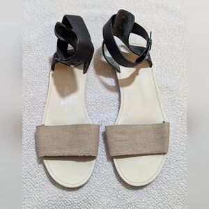 Vince Sawyer Black Leather Tan Linen Ankle Strap Open Toe Flat Sandal Size 8M